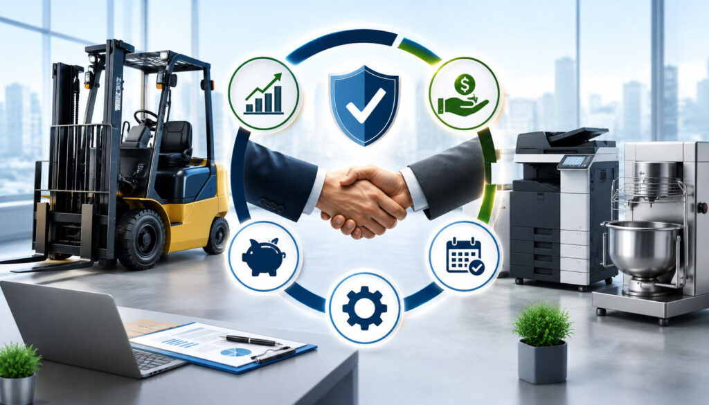 Illustration of a small business owner acquiring commercial equipment through a lease-to-own financing agreement, featuring modern business machinery, payment icons, growth charts, and financial technology elements in a professional workspace setting
