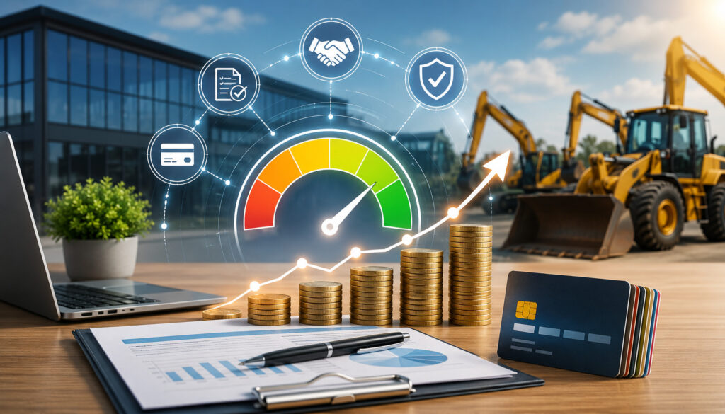Business credit growth concept with financial dashboard, credit cards, rising investment chart, and construction equipment representing future equipment financing opportunities