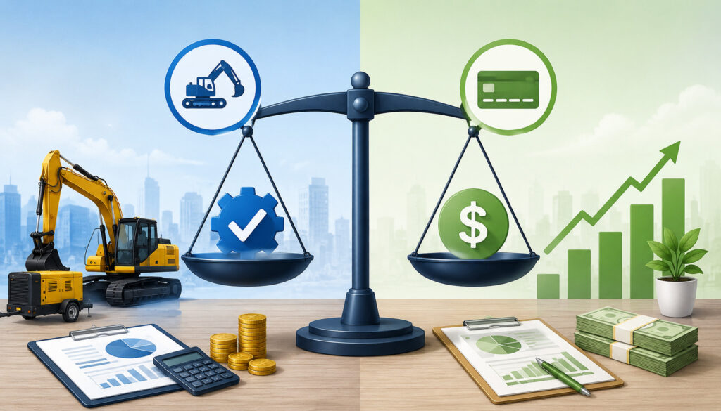 Illustration comparing equipment loan and business line of credit financing with construction equipment, financial charts, money icons, and balance scale representing cost analysis for businesses