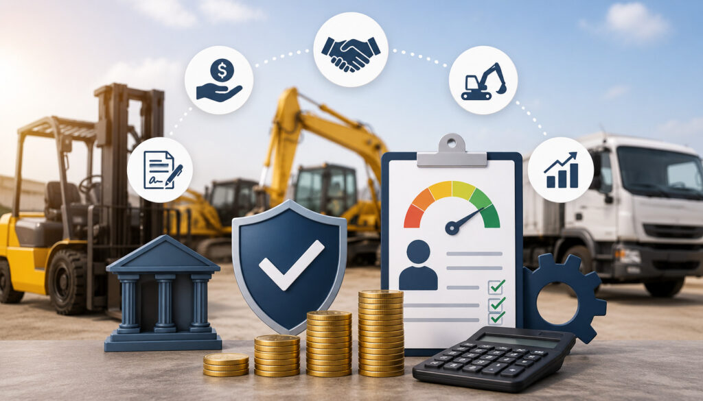 Illustration of business equipment financing options for companies with limited credit, featuring construction equipment, financial approval icons, calculator, growth charts, and funding symbols