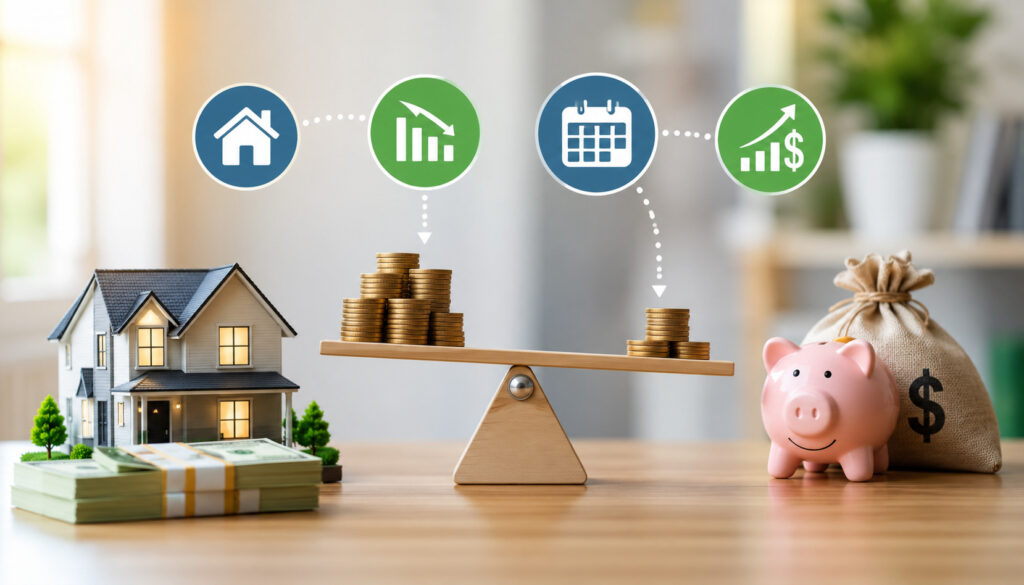 Illustration showing how different down payment amounts impact monthly loan payments and total financing cost, featuring a home purchase calculator, stacked coins, percentage icons, and financial charts in the background