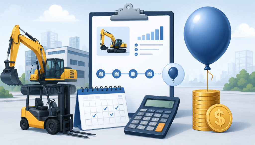 Illustration of equipment financing with balloon payment featuring construction machinery, payment schedule icons, calculator, coins, and a balloon symbolizing a large final payment