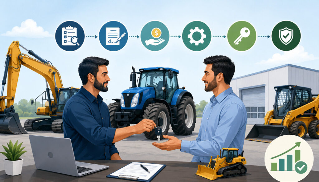 Business owners completing an equipment lease-to-own agreement with construction and industrial machinery in the background, illustrating equipment financing and ownership transition