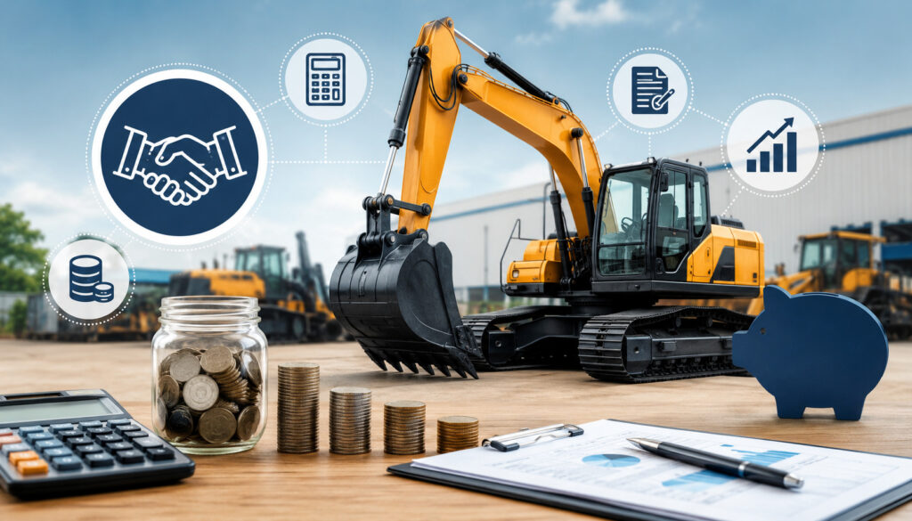 Equipment financing illustration showing construction machinery, coins, calculator, piggy bank, and financial icons representing down payment and business equipment loans