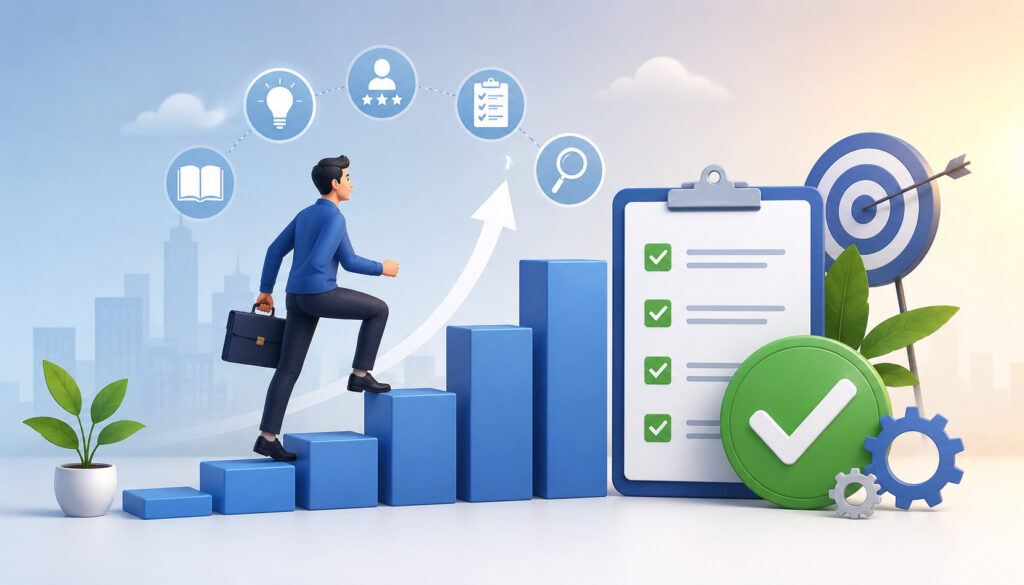 Illustration of a small business owner improving payment processing approval odds with secure digital transactions, financial documents, approval checkmarks, and fintech icons in a professional business setting