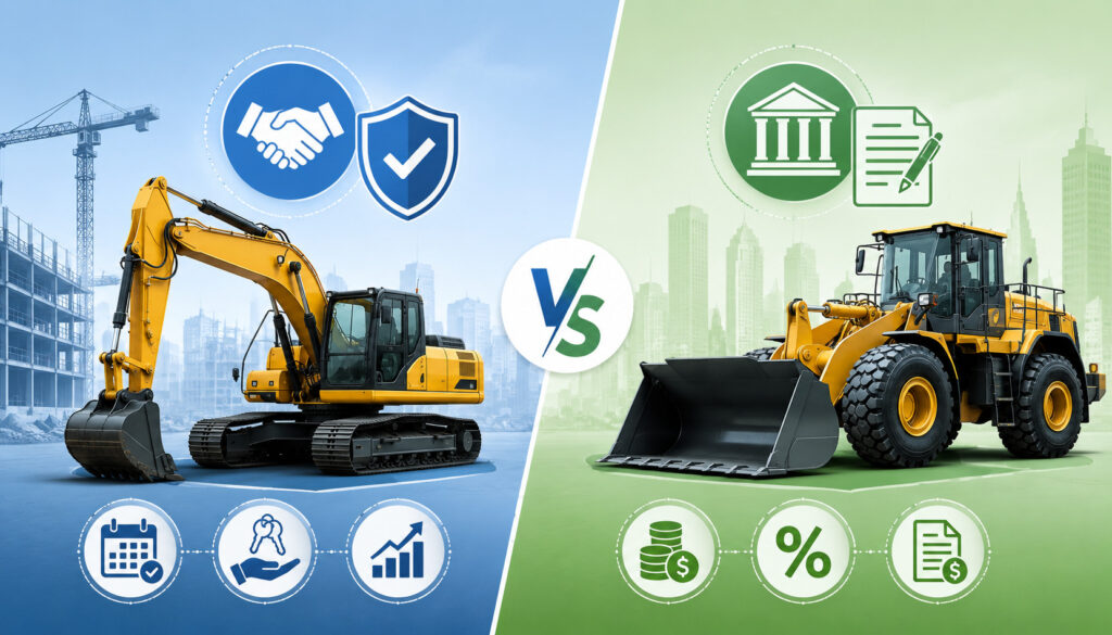 Illustration comparing lease-to-own equipment financing and traditional equipment loans with construction machinery, financial icons, and business funding concepts