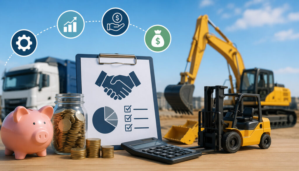 Equipment loan financing illustration with piggy bank, calculator, coins, forklift, and construction equipment representing minimum down payment requirements for business equipment loans