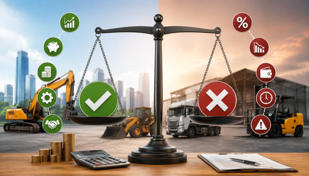 Illustration showing the pros and cons of equipment financing with construction machinery, business finance icons, balanced scales, and industrial equipment in a commercial setting