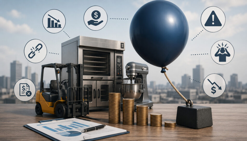 Illustration of a business owner reviewing commercial equipment loan documents with a large balloon payment warning, surrounded by industrial machinery, financial charts, calculator icons, and risk-related symbols in a modern office setting