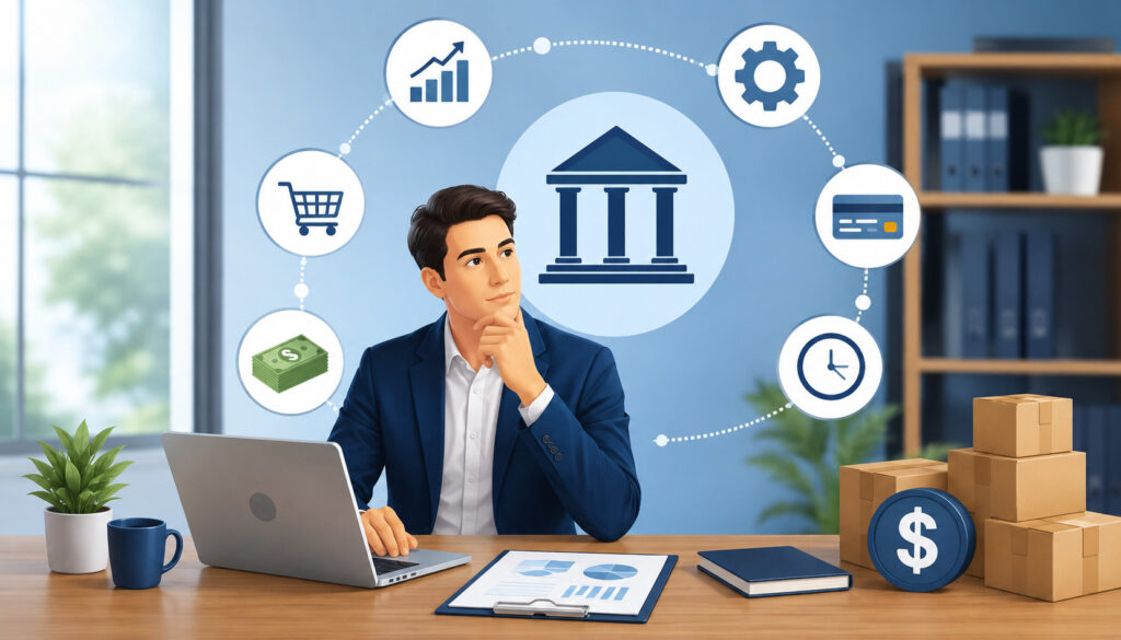 Business owner reviewing financing options with line of credit and cash flow management icons in a modern office setting