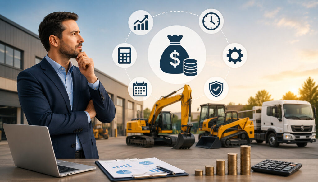 Business owner evaluating equipment financing options with construction machinery, financial planning icons, and commercial vehicles in the background