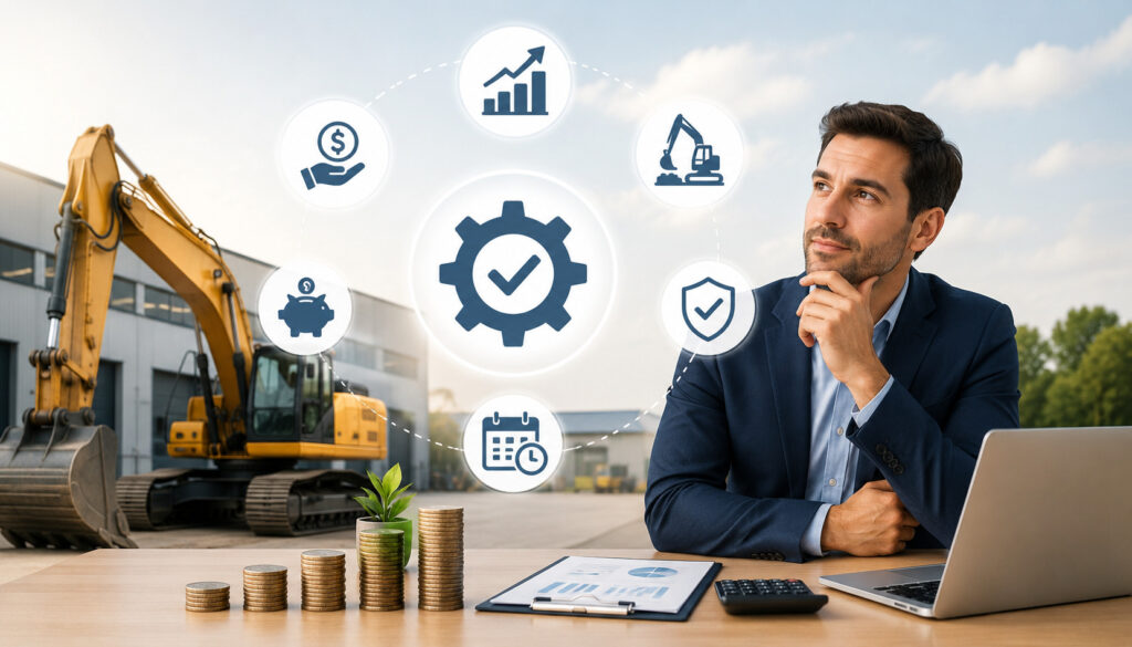 Business owner evaluating equipment financing options with construction machinery, financial growth icons, and investment planning visuals in a modern industrial setting