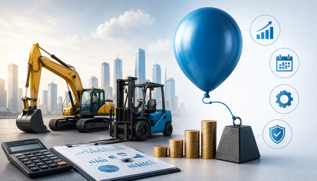 Illustration of equipment financing with balloon payment concept featuring construction machinery, forklift, financial charts, calculator, stacked coins, and business finance icons