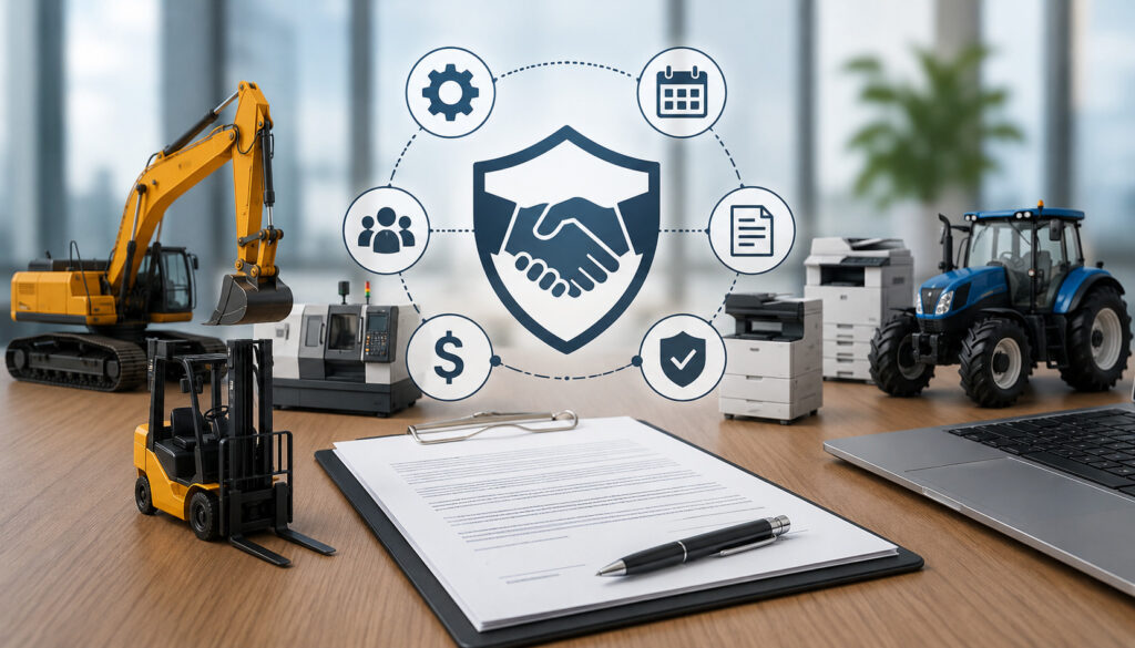 Equipment lease agreement with business machinery and contract icons
